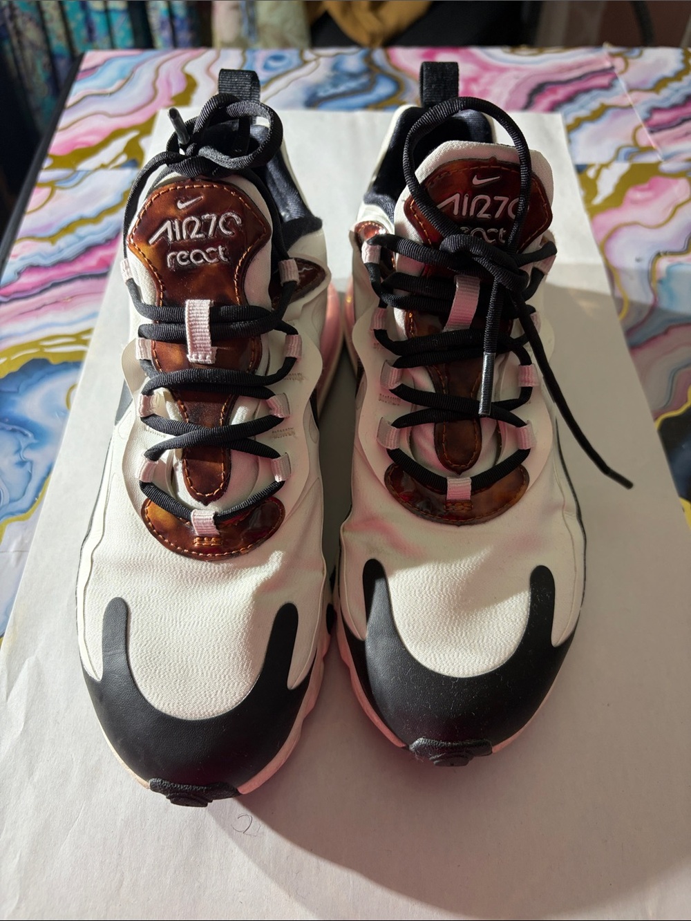 Nike Air270 React Tortoise Shell Women SZ 7 Athletic Shoe White Black Pink Brown
